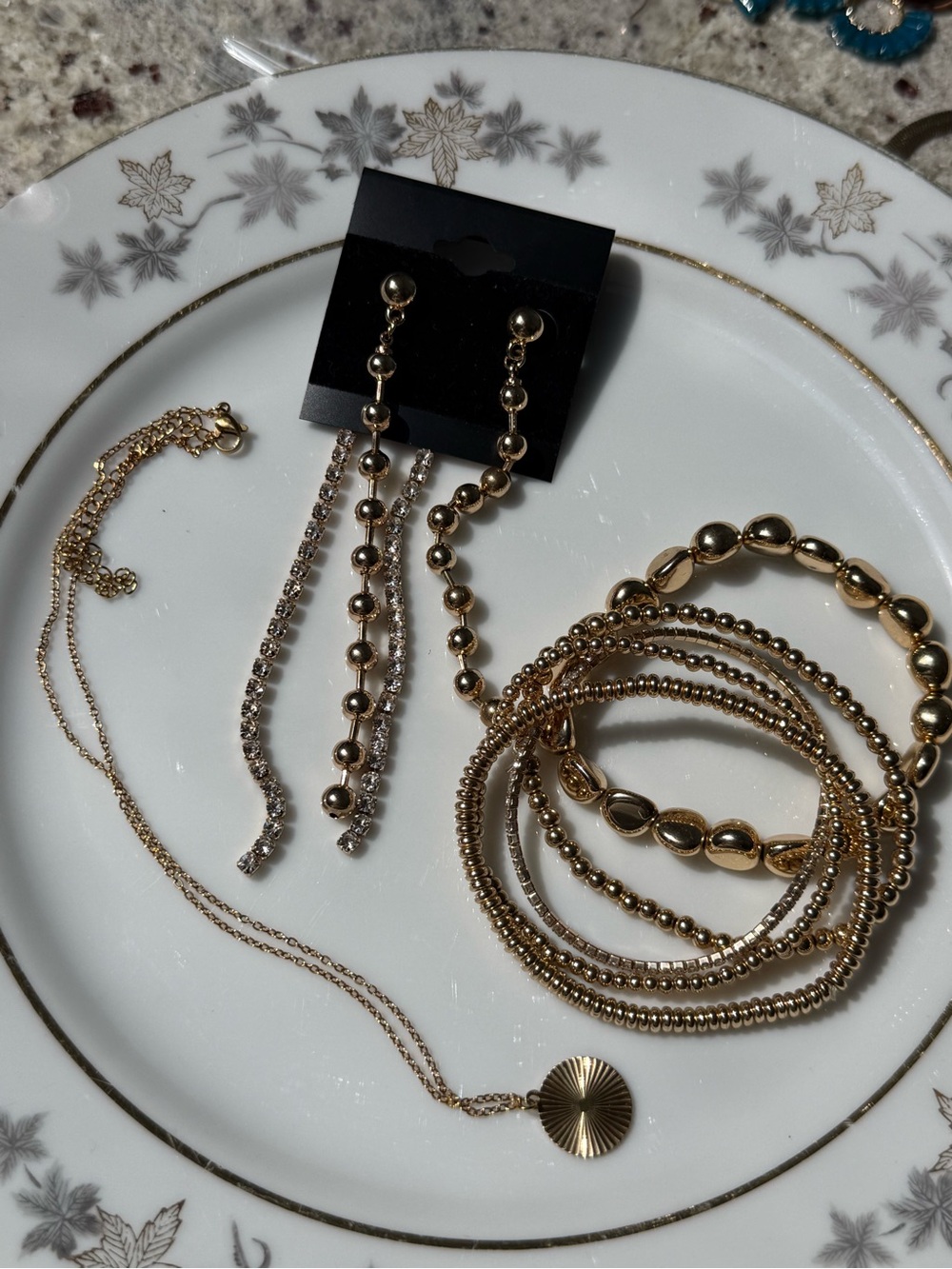 Gold Tone Jewelry Bundle Necklace Bracelet Stack Rhinestone Earrings NWOT